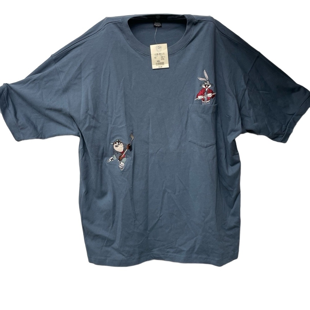 NWT Warner Bros Blue Gray Embroider Bugs Bunny Taz Vintage TShirt XXL Y2k hockey